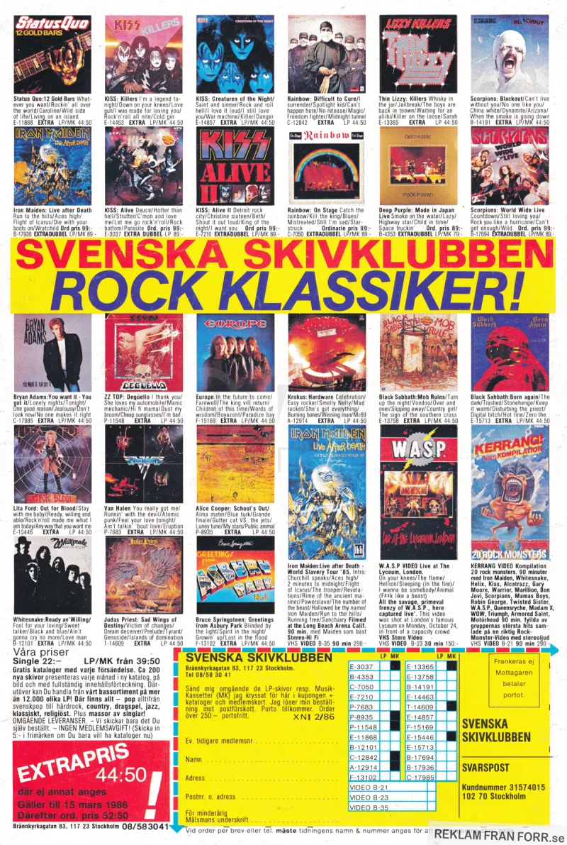 Reklam för Svenska Skivklubben med ett urval av LP-skivor