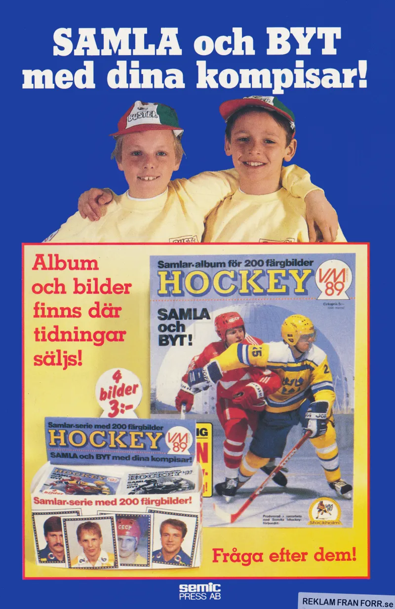 Reklam för samlarbilder med hockeymotiv från säsongen 89