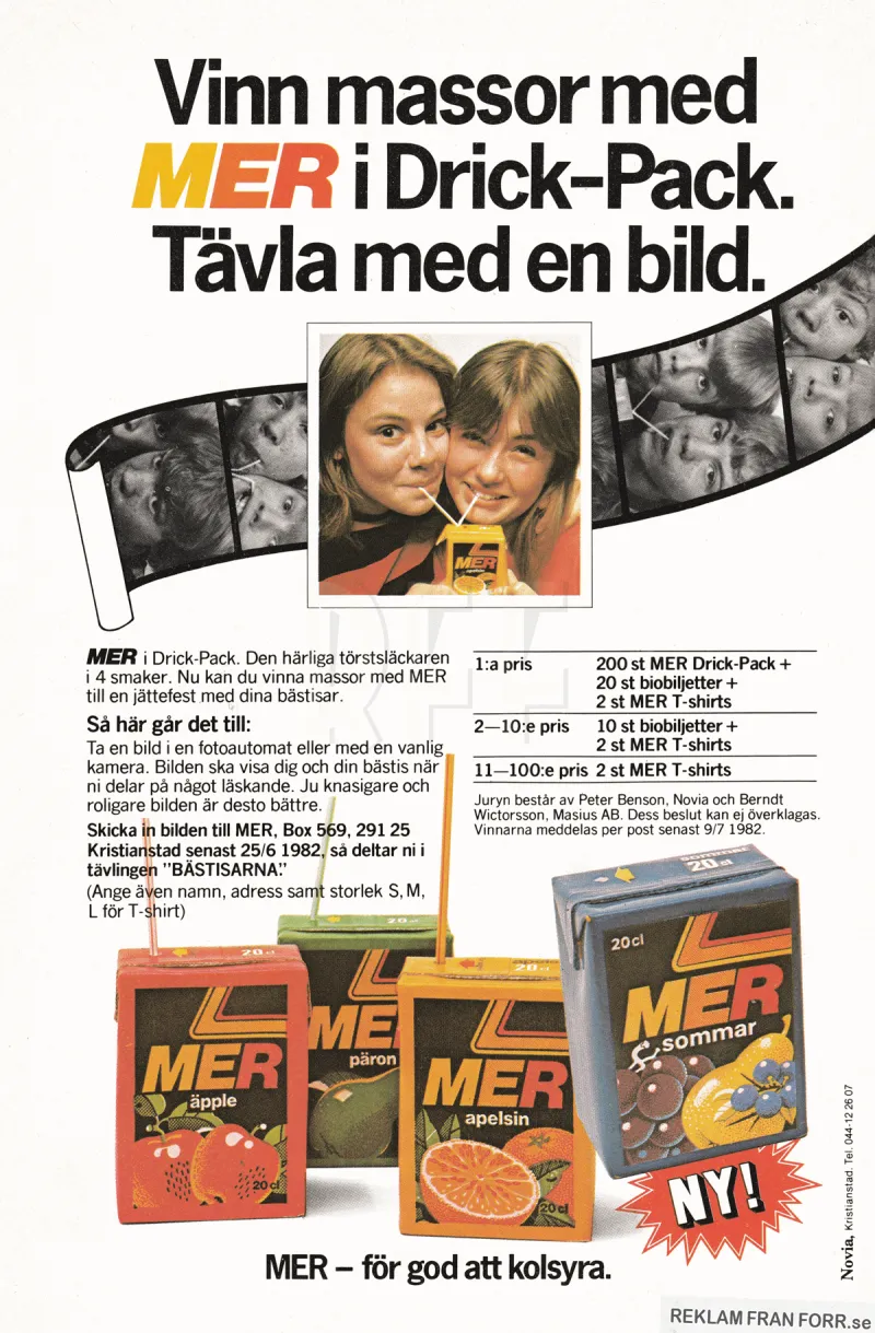 Reklam för en tävling med drycken MER där man ska ta ett foto och tävla om biobiljetter och MER