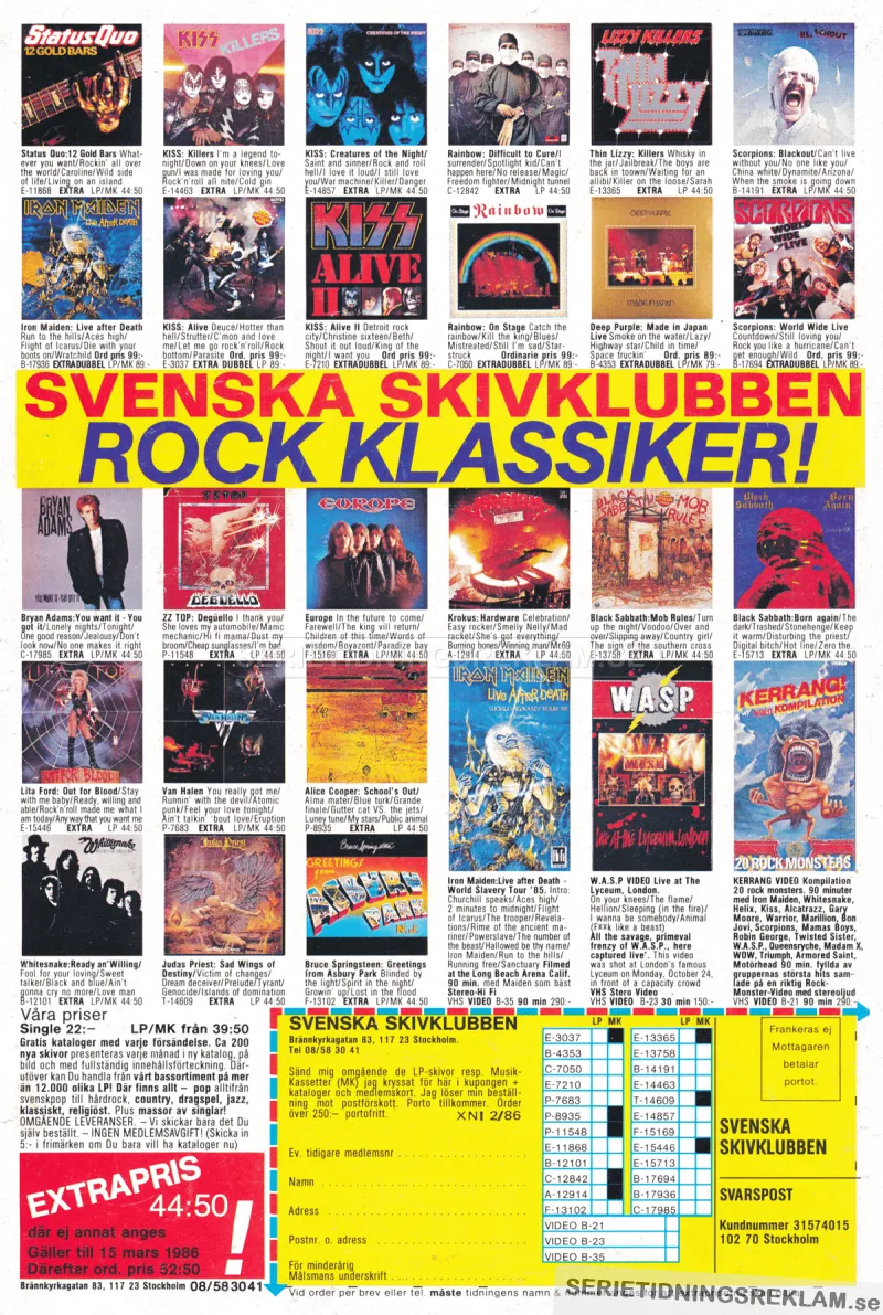 Reklam för Svenska Skivklubben med ett urval av LP-skivor