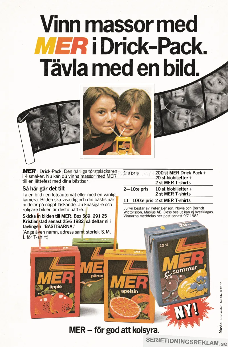 Reklam för en tävling med drycken MER där man ska ta ett foto och tävla om biobiljetter och MER